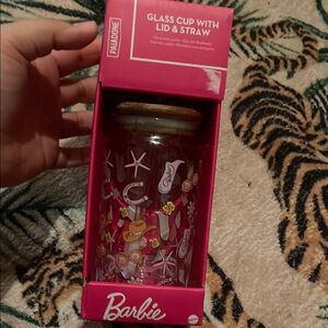 Barbie Glass Cup with Lid and Straw